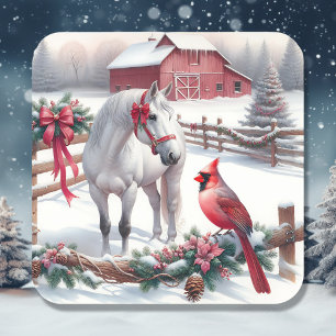 Feestelijke Witte Paard en Kardinaal Kerstmis Vierkante Sticker