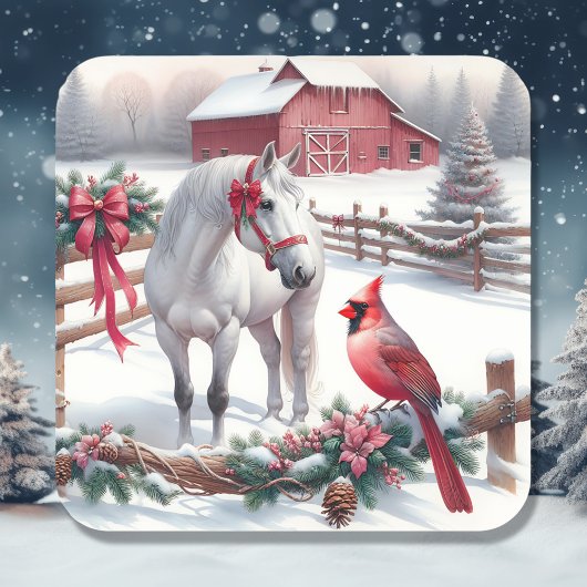 Feestelijke Witte Paard en Kardinaal Kerstmis Vierkante Sticker