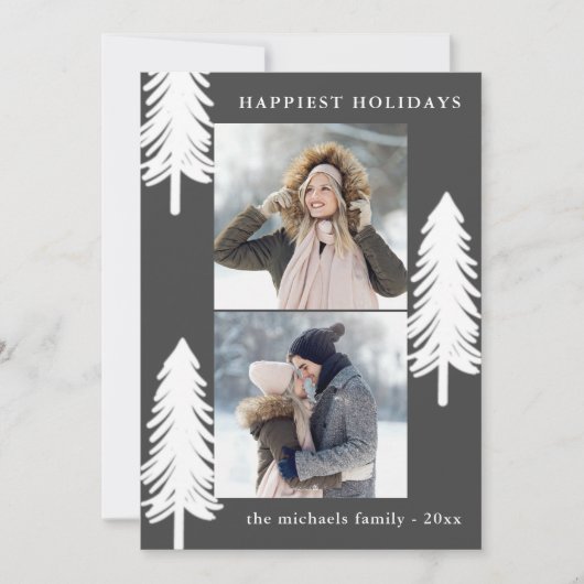 Feestelijke Witte Pijnbomen Twee Foto Vakantie Feestdagenkaart (Voorkant)
