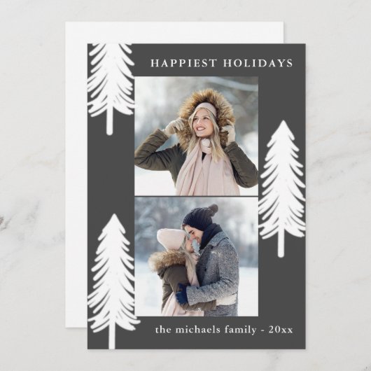 Feestelijke Witte Pijnbomen Twee Foto Vakantie Feestdagenkaart (Voorkant / Achterkant)