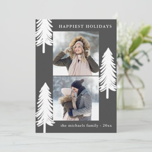 Feestelijke Witte Pijnbomen Twee Foto Vakantie Feestdagenkaart (Staand voorkant)