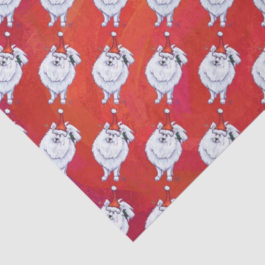 Feestelijke Witte Pommerse Pup Patroon op Rood Tissuepapier (Detail)