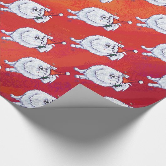 Feestelijke Witte PomPom Hondenpatroon op Rood Cadeaupapier (Hoek)
