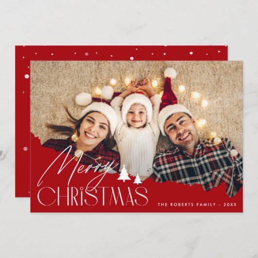 Feestelijke witte script vrolijk kerstfoto kaart (Voorkant / Achterkant)