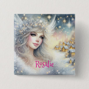 Feestelijke witte waterverf etherische vorst sneeu vierkante button 5,1 cm