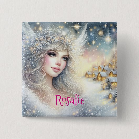 Feestelijke witte waterverf etherische vorst sneeu vierkante button 5,1 cm (Voorkant)
