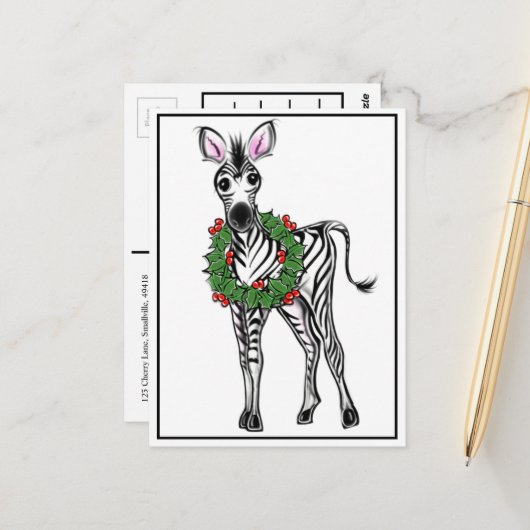 feestelijke Zebra | rode groene borstkreep Briefkaart (Voorkant / Achterkant in situ)