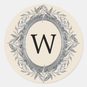 Feestelijke zilveren grijze bladeren krans monogra ronde sticker