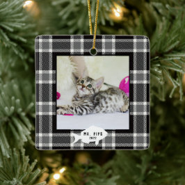 Feestelijke zwart-wit geruite kattennaam  keramisch ornament