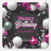 Feestelijke Zwart Wit Metallic Roze Ballon Verjaar Vierkante Sticker (Voorkant)