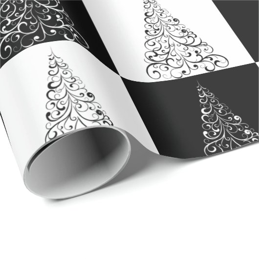 Feestelijke Zwarte en Witte Kerstboom Cadeau Cadeaupapier (Rol Hoek)