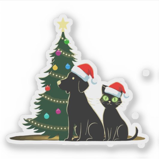 Feestelijke zwarte kat en hond met kerstmis sticker (Voorkant)