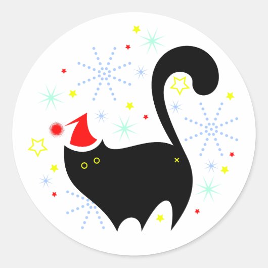 Feestelijke Zwarte Kat Kerstman Hoed Kerstmis Ronde Sticker (Voorkant)