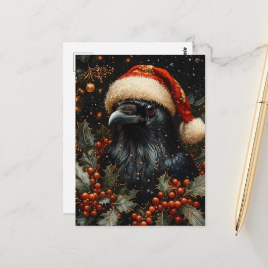 Feestelijke Zwarte Kerst Vogel Briefkaart (Voorkant / Achterkant in situ)