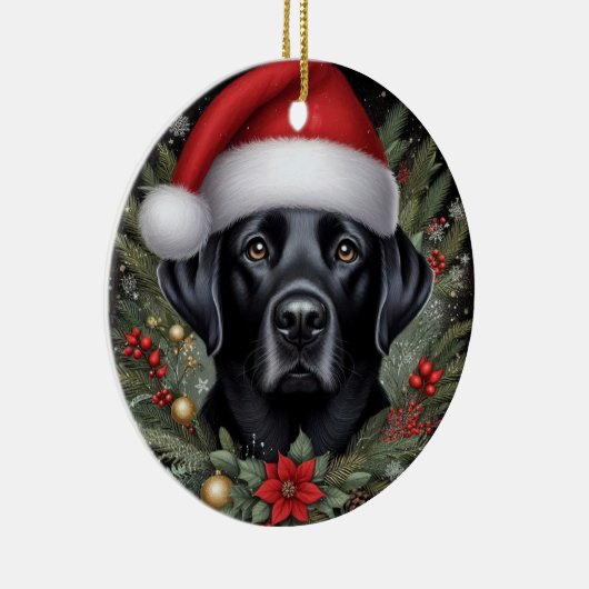 Feestelijke zwarte labrador met kerstmuts keramisch ornament (Rechts)