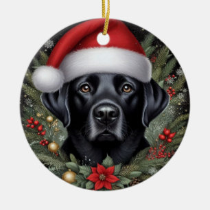 Feestelijke zwarte labrador met kerstmuts keramisch ornament