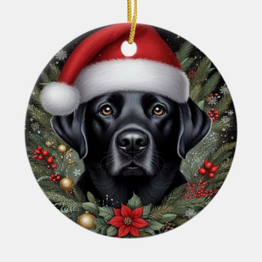 Feestelijke zwarte labrador met kerstmuts keramisch ornament (Voorkant)