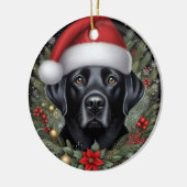 Feestelijke zwarte labrador met kerstmuts keramisch ornament (Links)