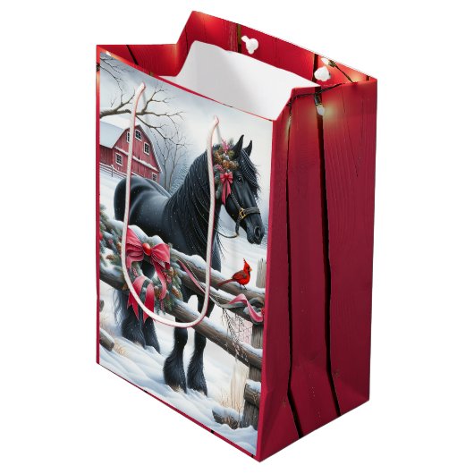 Feestelijke Zwarte Paard en Kardinaal Kerstmis Medium Cadeauzakje (Voorkant Gekanteld)