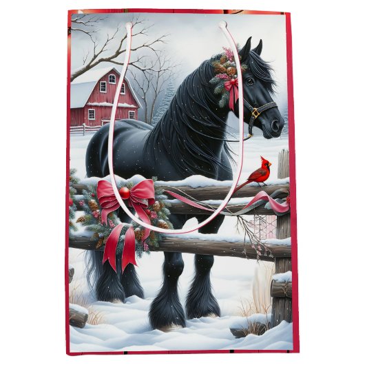 Feestelijke Zwarte Paard en Kardinaal Kerstmis Medium Cadeauzakje (Voorkant)