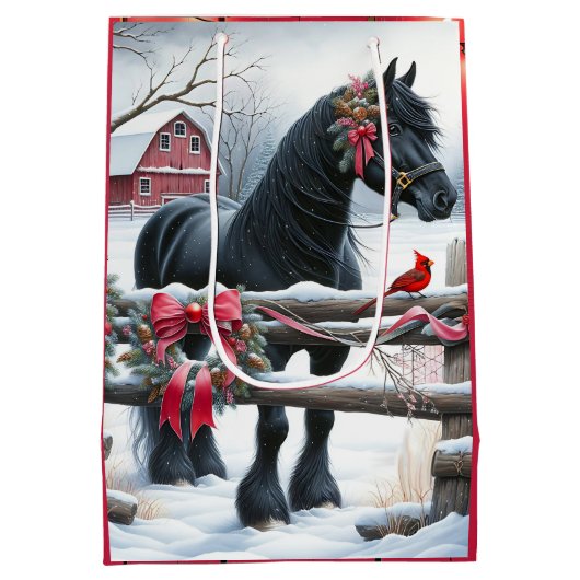 Feestelijke Zwarte Paard en Kardinaal Kerstmis Medium Cadeauzakje (Achterkant)