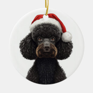 Feestelijke Zwarte Poodle Hond in Santa Hoed Illus Keramisch Ornament