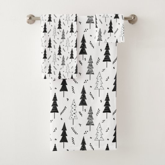 Feestelijke Zwarte Witte Doddle Kerst Pijnboom Bad Handdoek (Insitu)