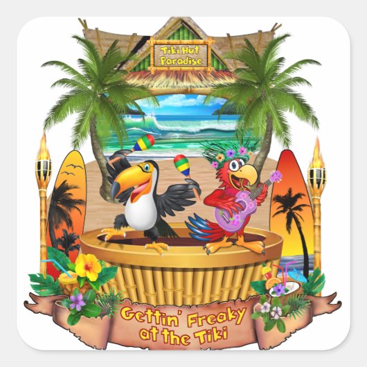 FEESTEN BIJ DE TIKI VIERKANTE STICKER (Voorkant)