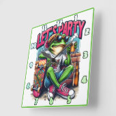Feesten met een koele kikker op een skateboard vierkante klok (Hoek)