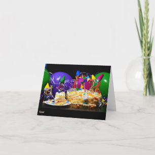 Feestende Fubby's met taart als tractatie. Bedankkaart