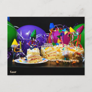Feestende Fubby's met taart als tractatie. Briefkaart