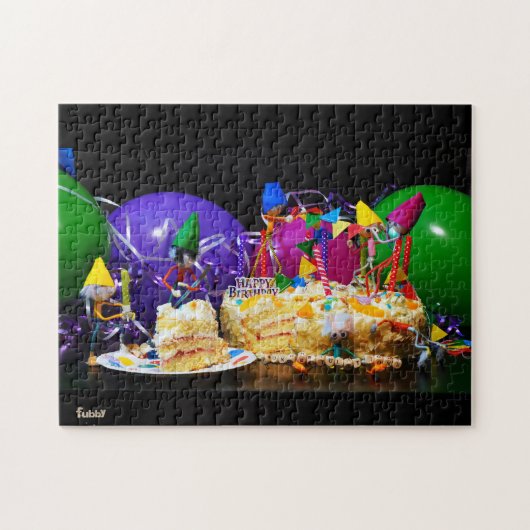 Feestende Fubby's met taart als tractatie. Legpuzzel (Horizontaal)