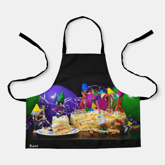 Feestende Fubby's met taart als tractatie. Schort (Voorkant)