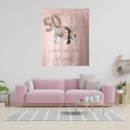 Feestfoto 50e verjaardag roze goud glitters pink wandkleed