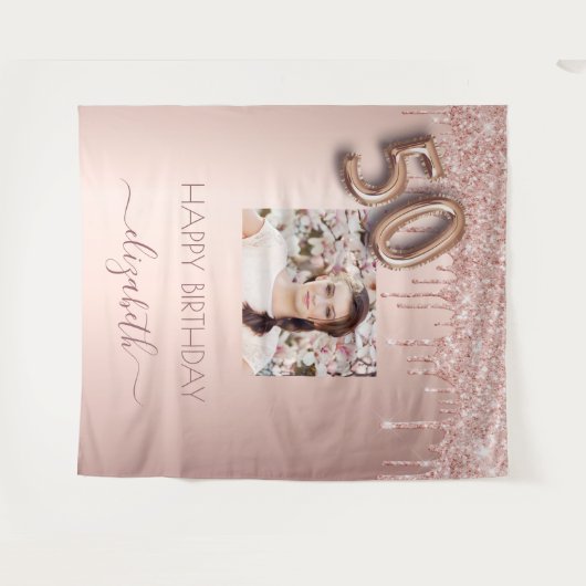 Feestfoto 50e verjaardag roze goud glitters roze wandkleed (Voorkant (horizontaal))