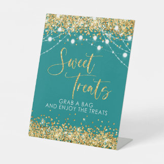 Feestgunst Sweet Treats Sign Blauwgroen Goud Reclamebord Met Voetstuk