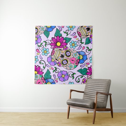 Feestieve achtergrond met suikerschedels, hart en wandkleed (In Situ (horizontaal))