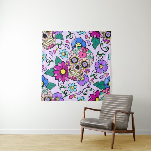 Feestieve achtergrond met suikerschedels, hart en wandkleed (In situ)