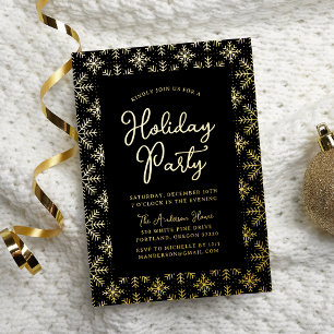 Feestive Black and Gold Snowflakes Holiday Party Folie Uitnodiging