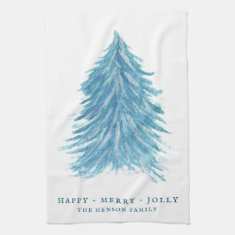 Feestive Blue Kersttree Waterverf Holiday Theedoek