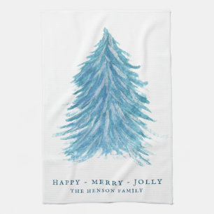 Feestive Blue Kersttree Waterverf Holiday Theedoek