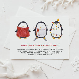 Feestive Cute Waterverf Penguins Holiday Party Kaart
