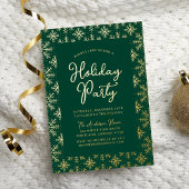 Feestive Green and Gold Snowflakes Holiday Party Folie Uitnodiging