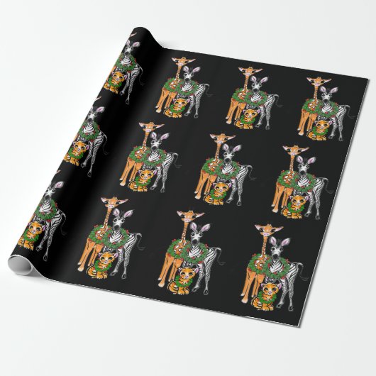 Feestive Holiday Giraffe, Zebra, tijger omwikkelin Cadeaupapier (Uitgerold)