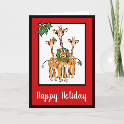Feestive Holiday-Giraffes met Holly Wreator Feestdagen Kaart (Voorkant)