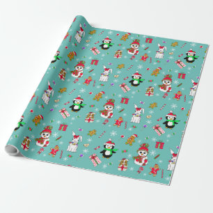 Feestive Holiday Kerstmis Penguin, Snowmen, Snoep Cadeaupapier