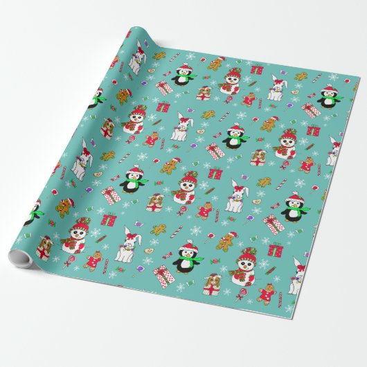 Feestive Holiday Kerstmis Penguin, Snowmen, Snoep Cadeaupapier (Uitgerold)