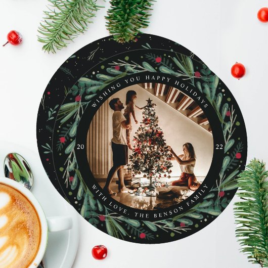 Feestive Holiday Wreatves Berries Round Kaart