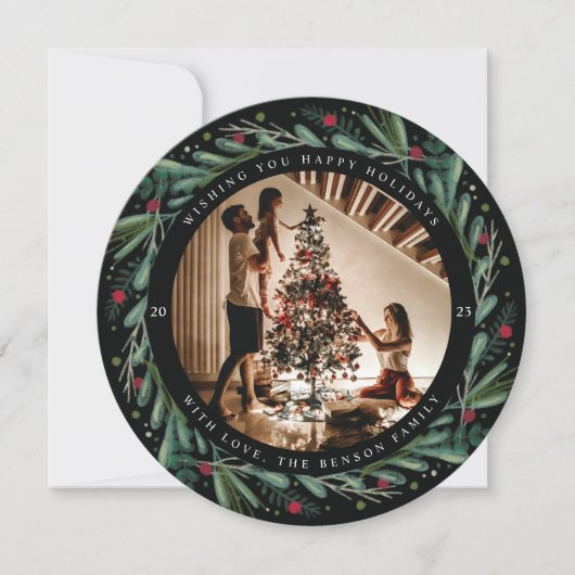 Feestive Holiday Wreatves Berries Round Kaart (Voorkant)