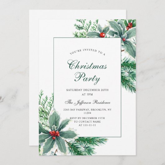 Feestive Holly Berry Branch Holiday Kerstparty Kaart (Voorkant / Achterkant)